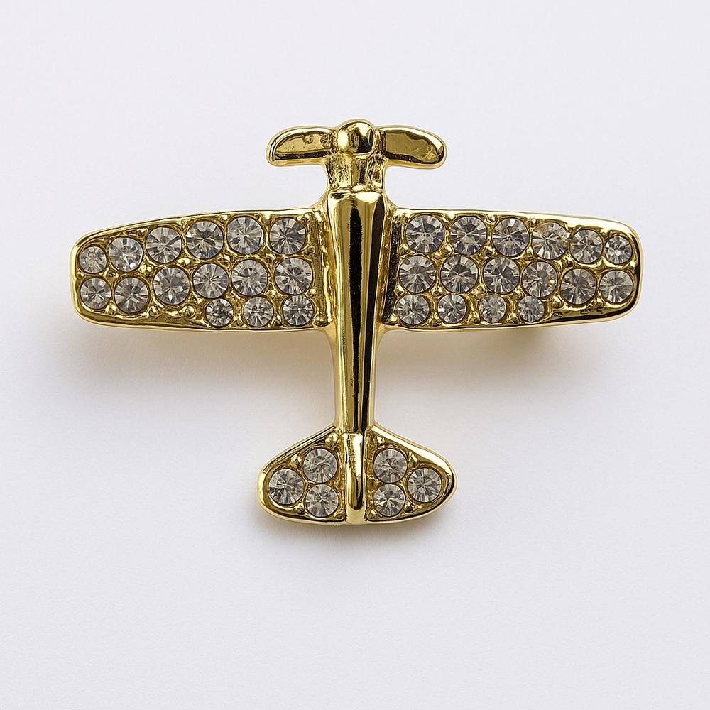 Vintage Inspired Rhinestone Airplane Brooch Pin Gold Tone‎